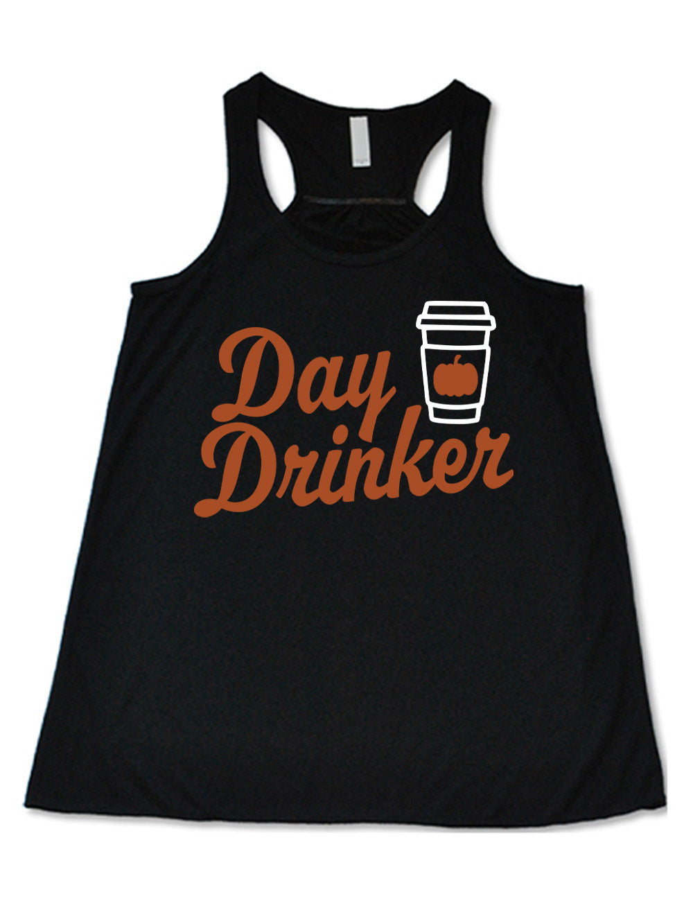 black flowy racerback tank with the words "day drinker" on it, with the graphic of a takeaway coffee cup with a pumpkin on the cup's sleeve