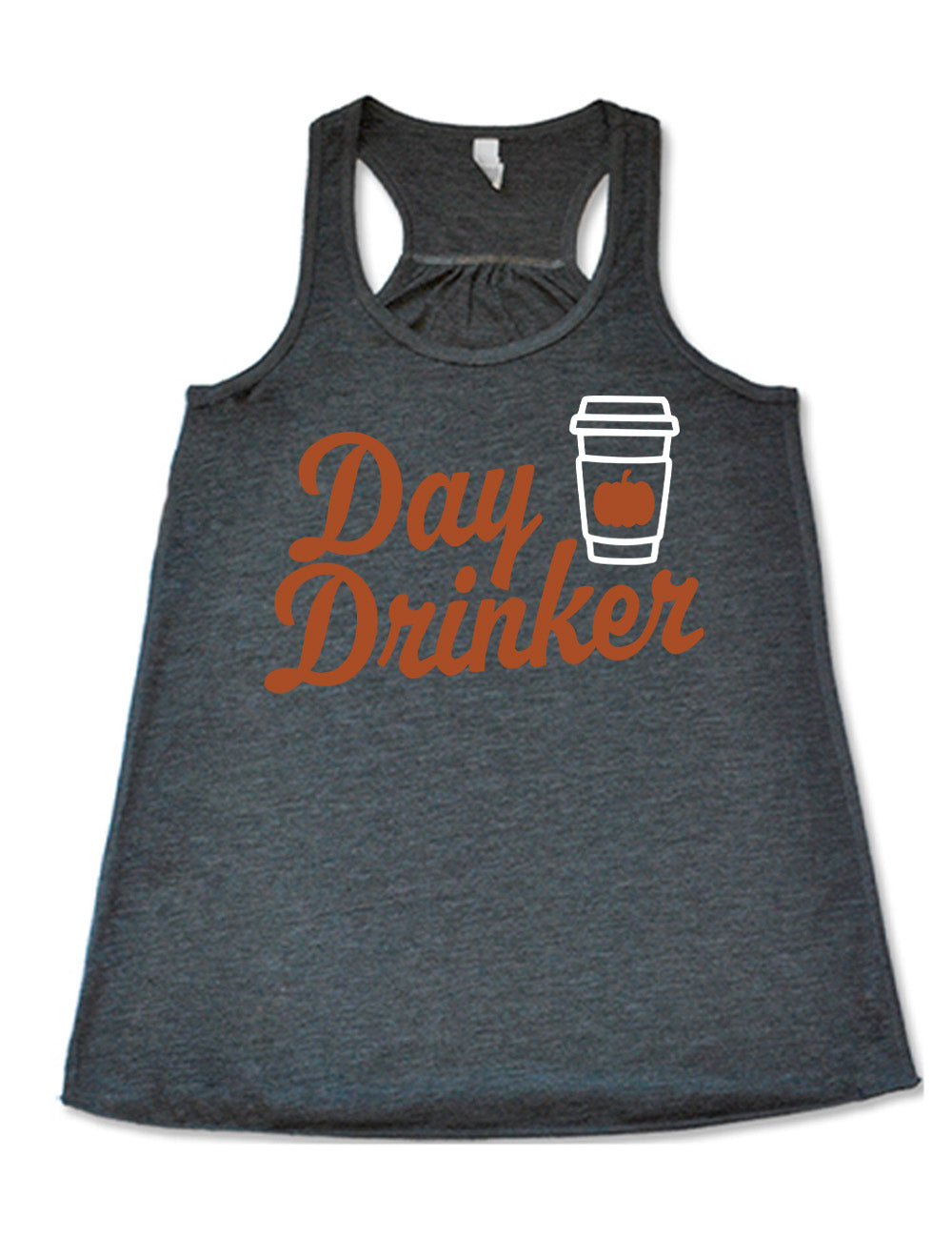 grey flowy racerback tank with the words "day drinker" on it, with the graphic of a takeaway coffee cup with a pumpkin on the cup's sleeve