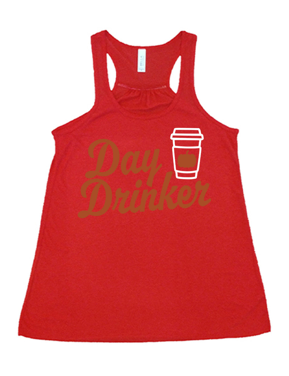 red flowy racerback tank with the words "day drinker" on it, with the graphic of a takeaway coffee cup with a pumpkin on the cup's sleeve