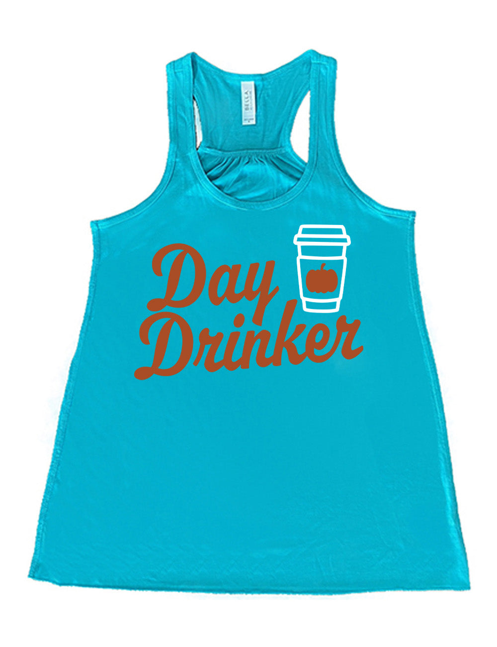 teal flowy racerback tank with the words "day drinker" on it, with the graphic of a takeaway coffee cup with a pumpkin on the cup's sleeve