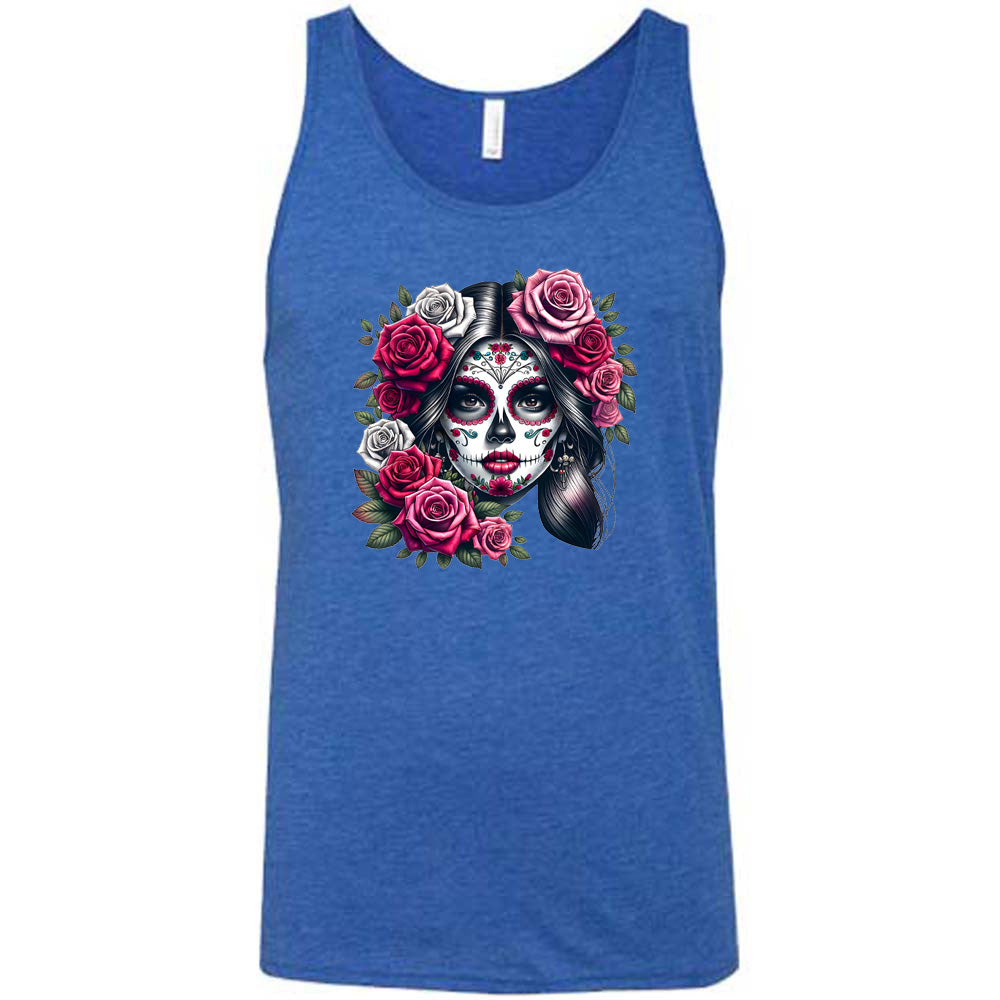 blue shirt with a Day Of The Dead graphic on it