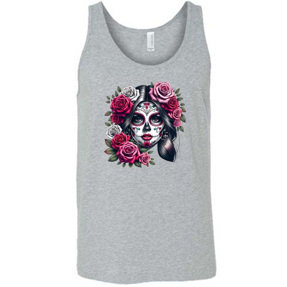 grey shirt with a Day Of The Dead graphic on it