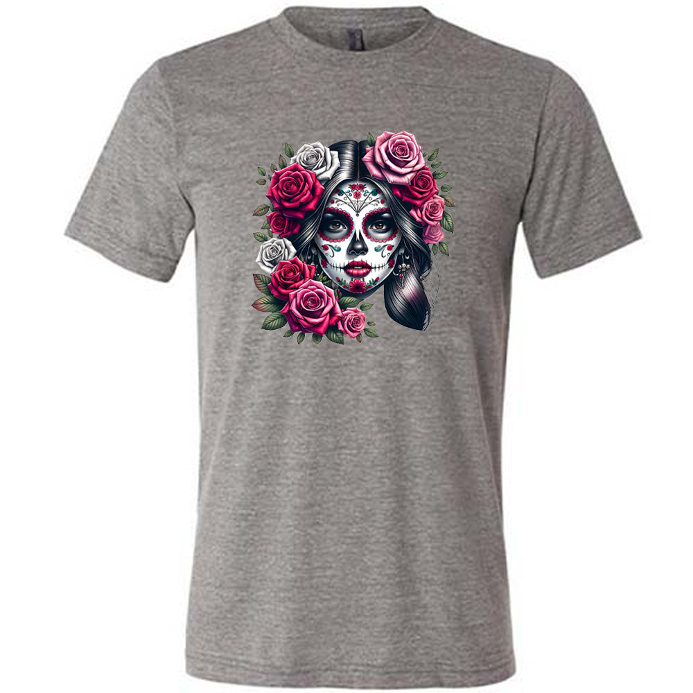 grey shirt with a Day Of The Dead graphic on it