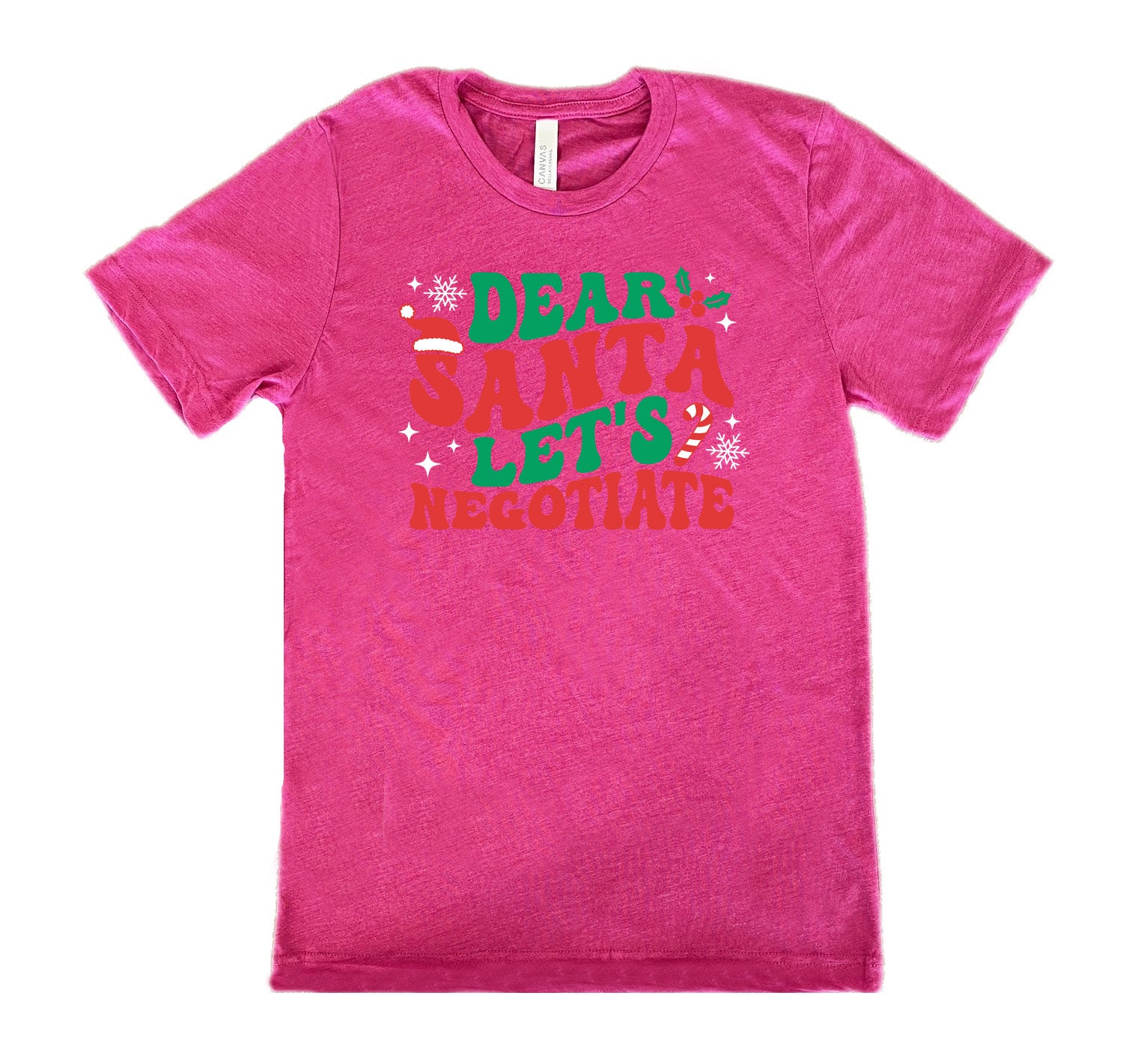 berry unisex tee with the words "dear Santa let's negotiate" with some snowflakes, stars, and a candy cane