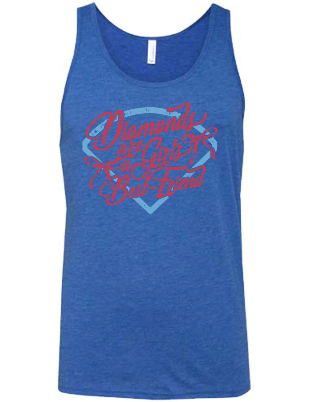 blue unisex tank with the words "diamonds are a girl's best friend" on it, with two bows, all in front of a baseball diamond