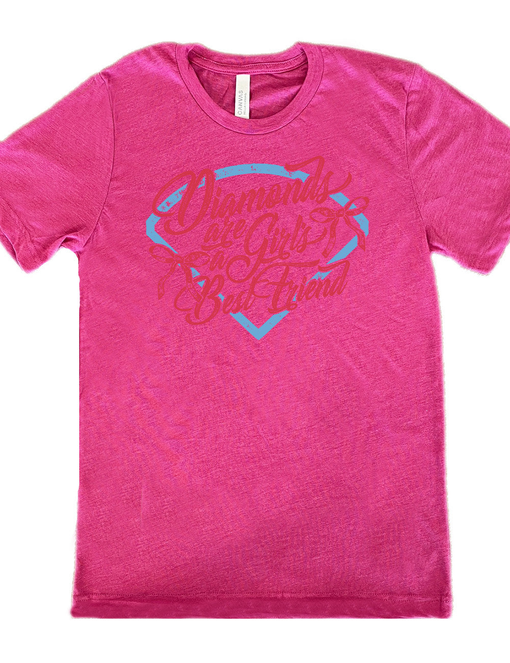 berry unisex tee with the words "diamonds are a girl's best friend" on it, with two bows, all in front of a baseball diamond