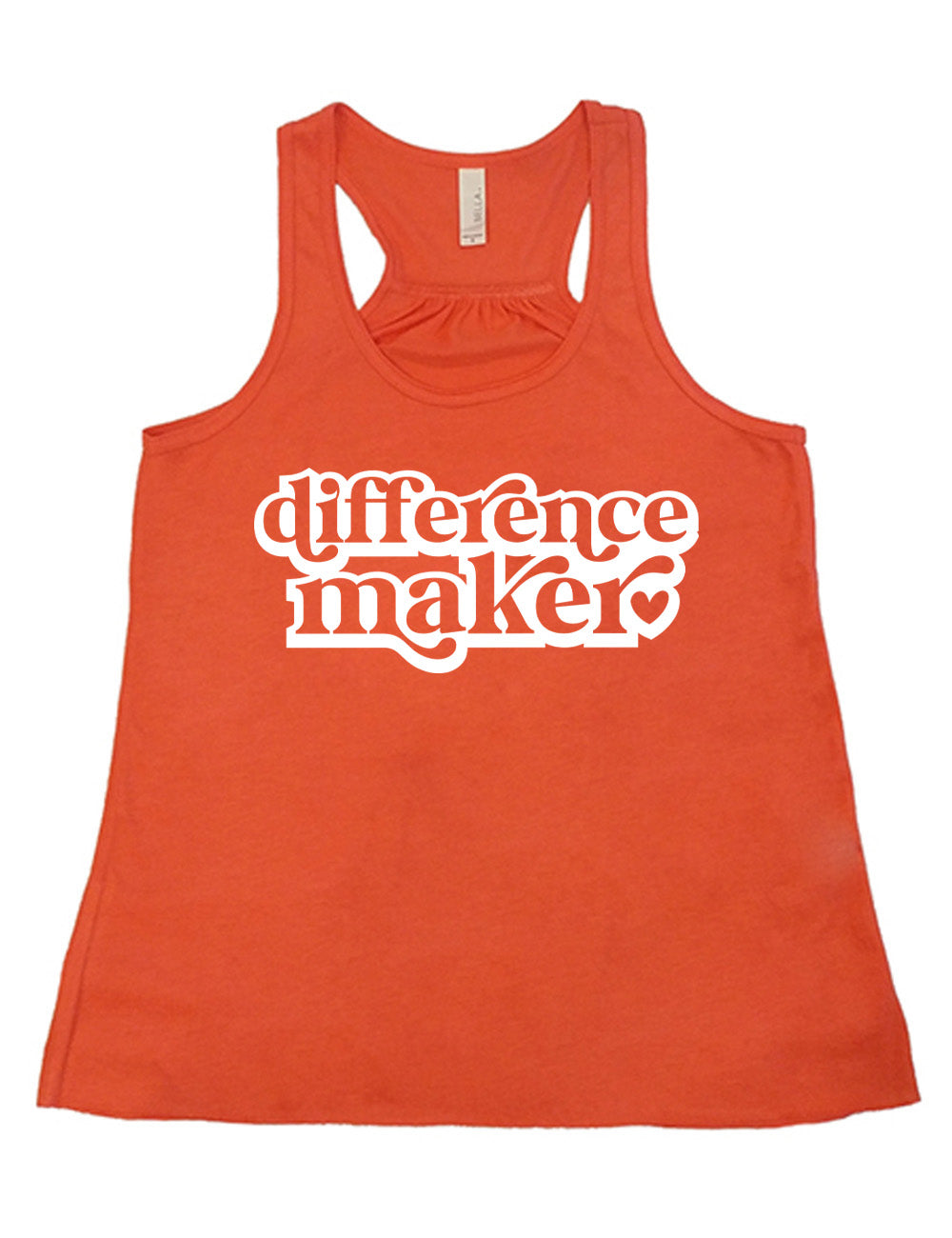 coral racerback flowy tank with the words "difference maker" followed by a single heart on it