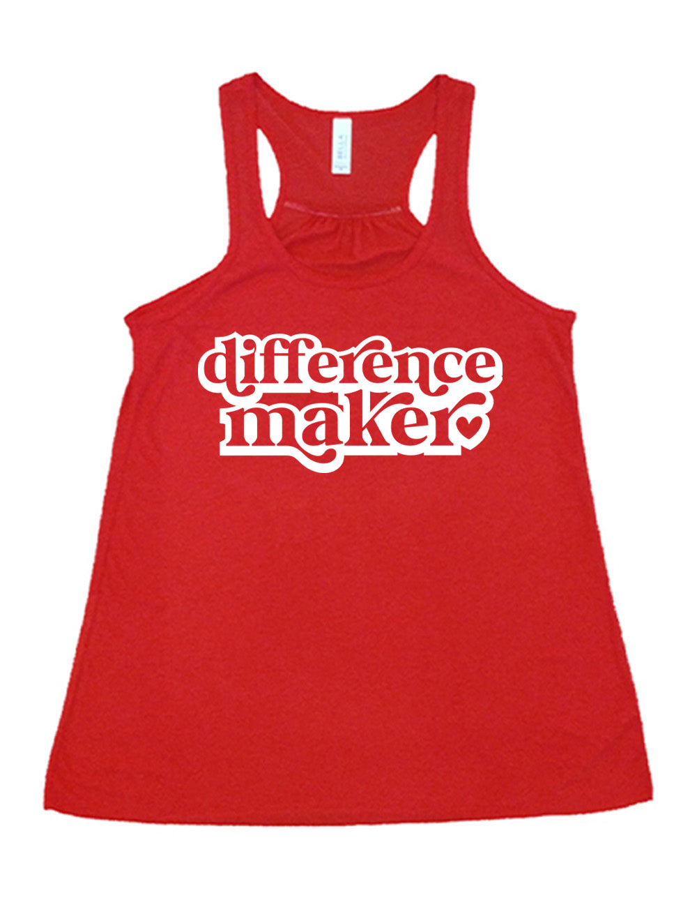 red racerback flowy tank with the words "difference maker" followed by a single heart on it