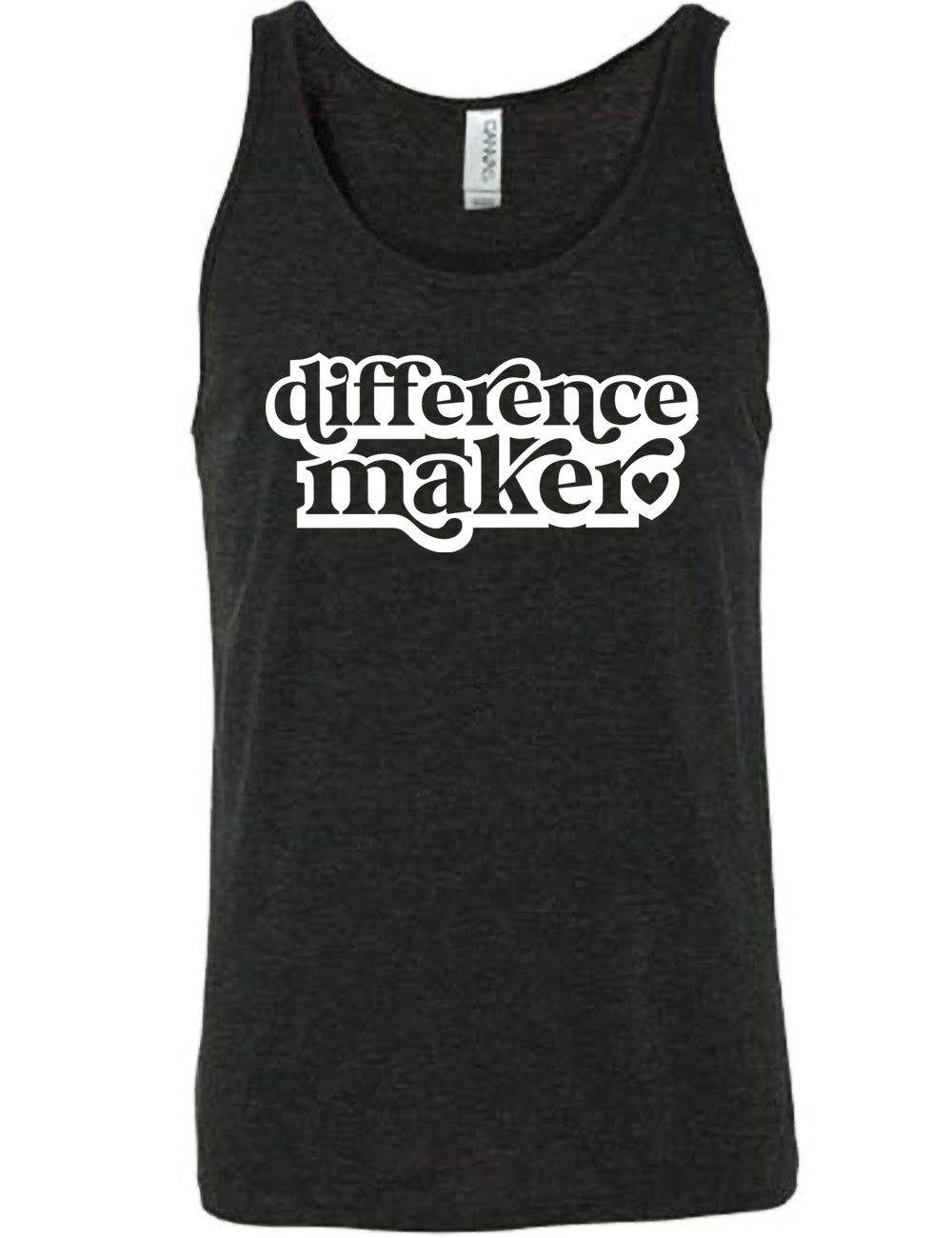 black unisex tank with the words "difference maker" followed by a single heart on it