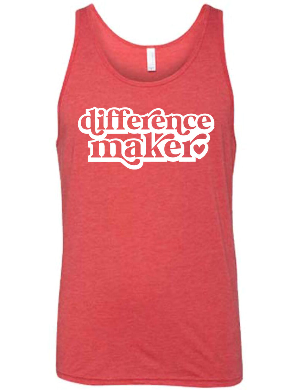 red unisex tank with the words "difference maker" followed by a single heart on it