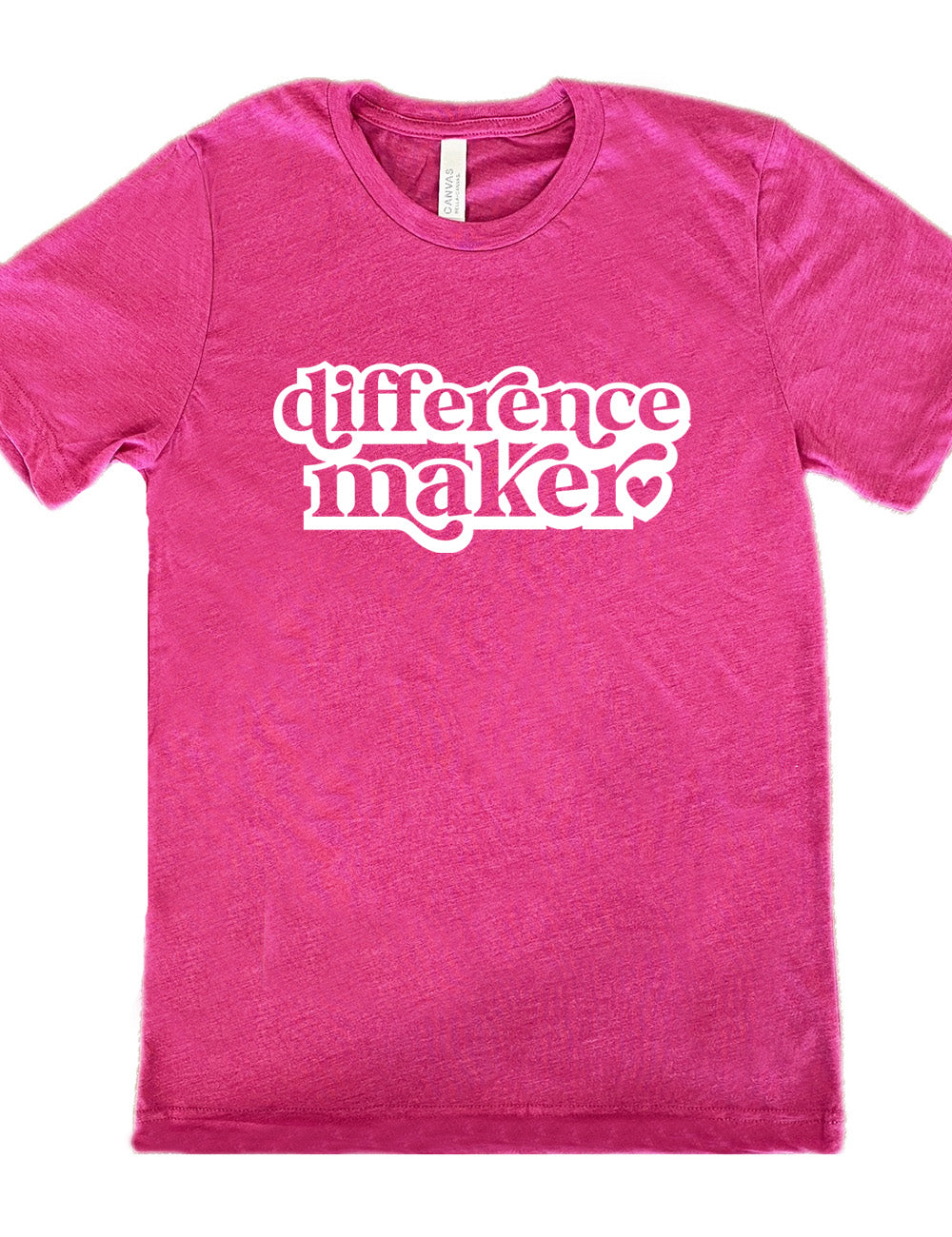 berry unisex tee with the words "difference maker" followed by a single heart on it
