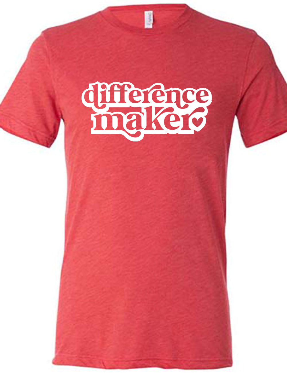 red unisex tee with the words "difference maker" followed by a single heart on it