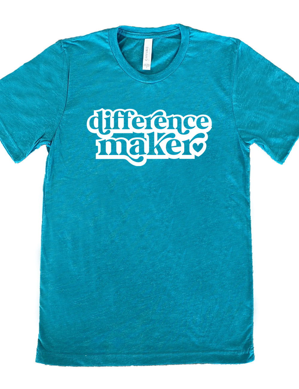 teal unisex tee with the words "difference maker" followed by a single heart on it