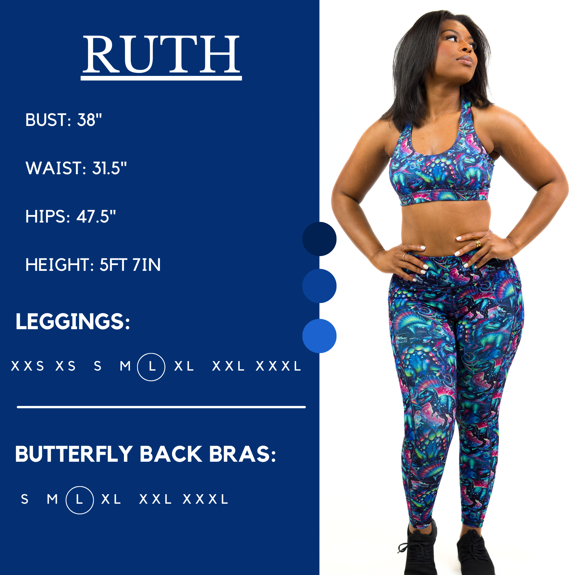 Model’s measurements of 38” bust, 31.5” waist, 47.5” hips and height of 5 ft 7 inches. She is wearing a size large in our leggings