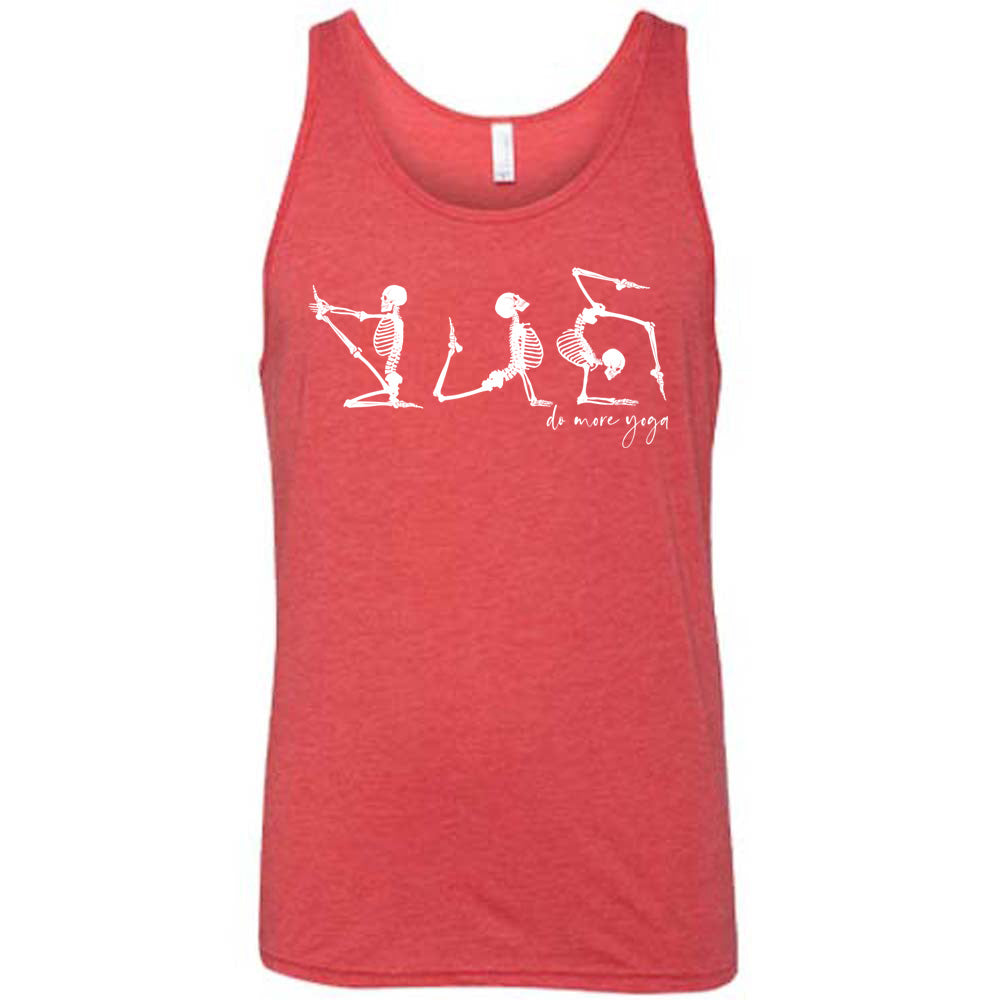 red unisex tank with three skeleton graphics doing yoga, with the small words underneath saying "do more yoga"