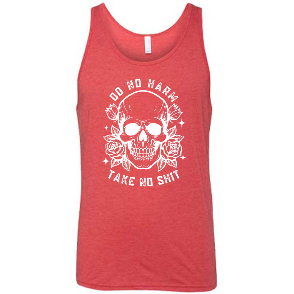 red shirt with the text "Do No Harm, Take No Shit" on it
