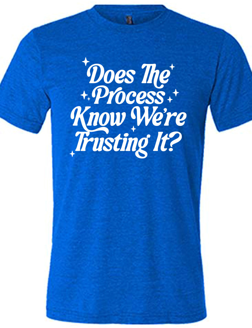 blue unisex tee with the words on it saying "does the process know we're trusting it?" with stars accenting around
