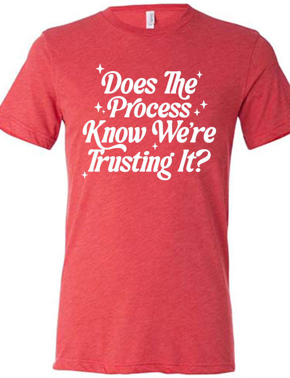 red unisex tee with the words on it saying "does the process know we're trusting it?" with stars accenting around
