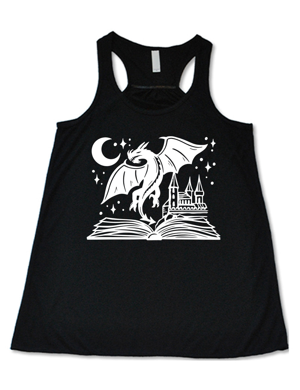 black flowy racerback tank with the graphic of dragon flying out of an open book into a night sky of stars and crescent moon, with a castle also rising out of the book