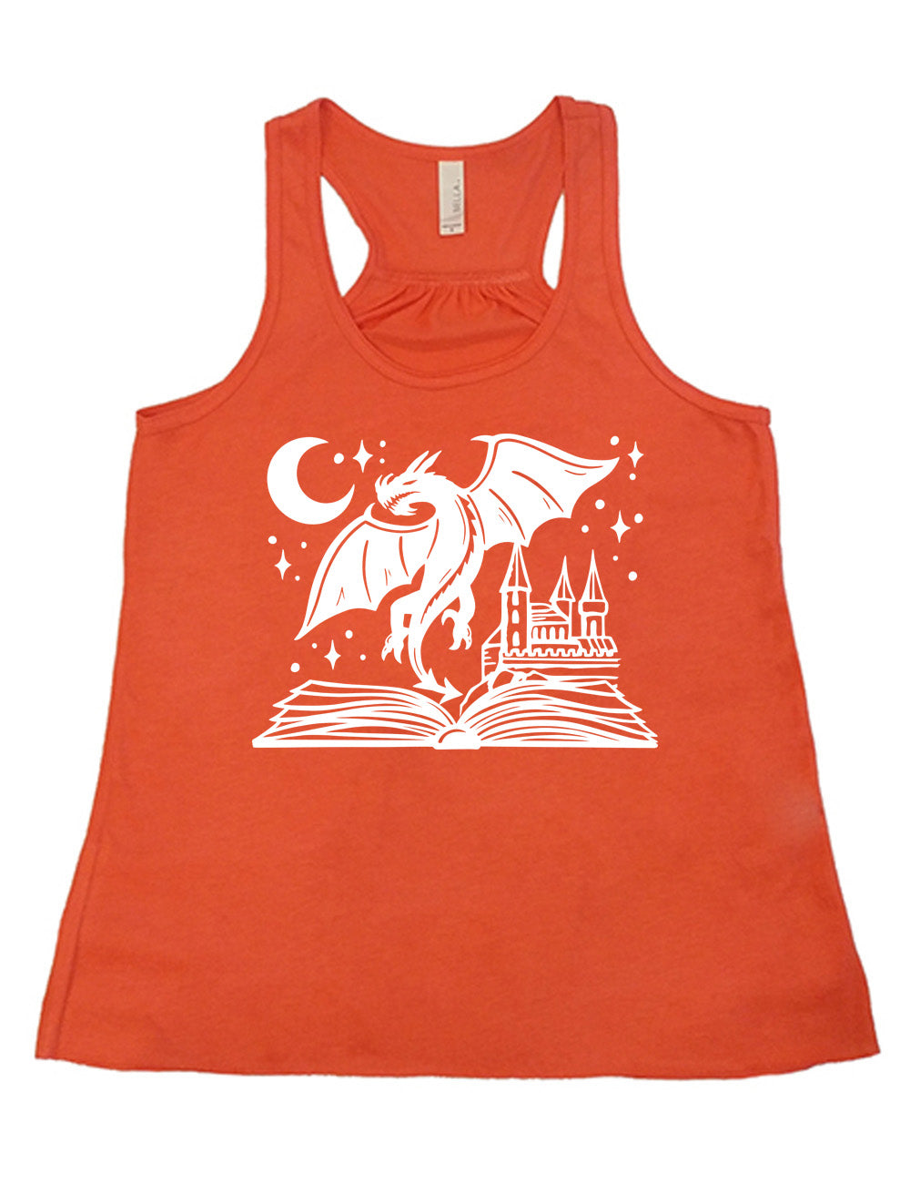coral flowy racerback tank with the graphic of dragon flying out of an open book into a night sky of stars and crescent moon, with a castle also rising out of the book