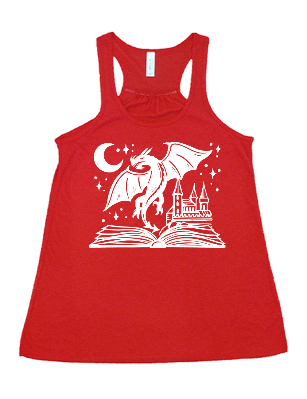 red flowy racerback tank with the graphic of dragon flying out of an open book into a night sky of stars and crescent moon, with a castle also rising out of the book