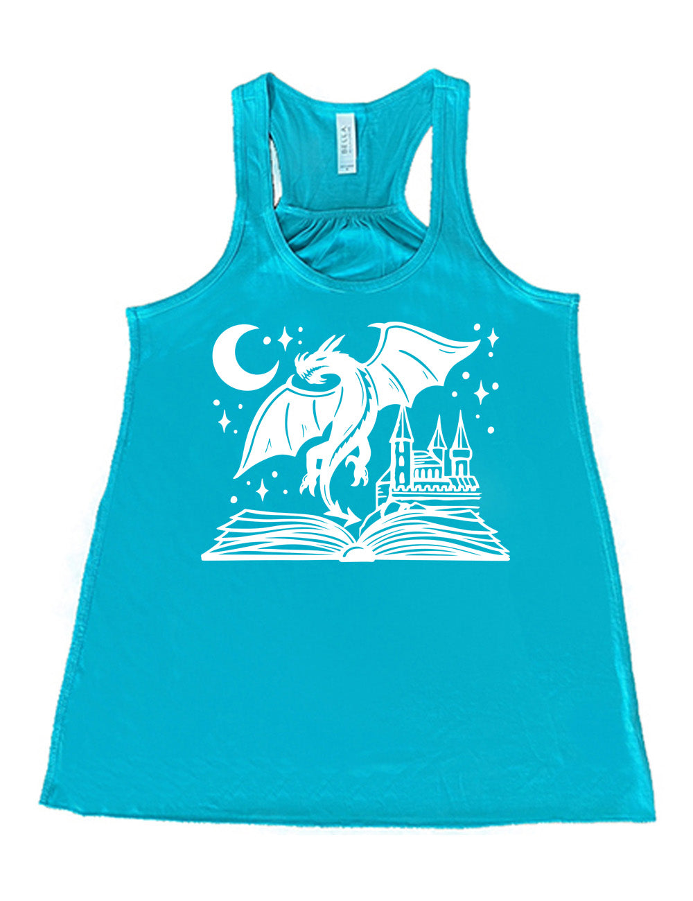 teal flowy racerback tank with the graphic of dragon flying out of an open book into a night sky of stars and crescent moon, with a castle also rising out of the book