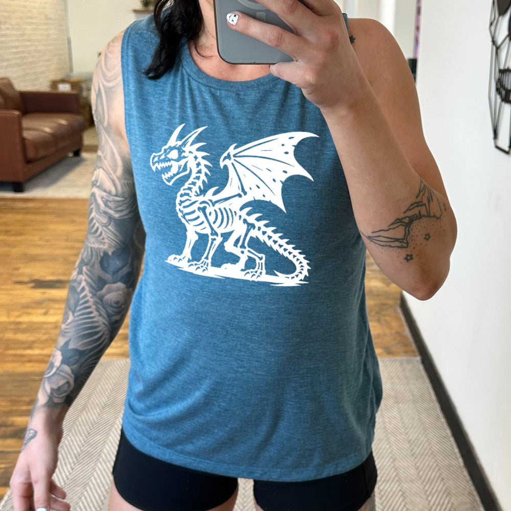 deep teal muscle tank with the large graphic of a dragon, and its body is its skeleton