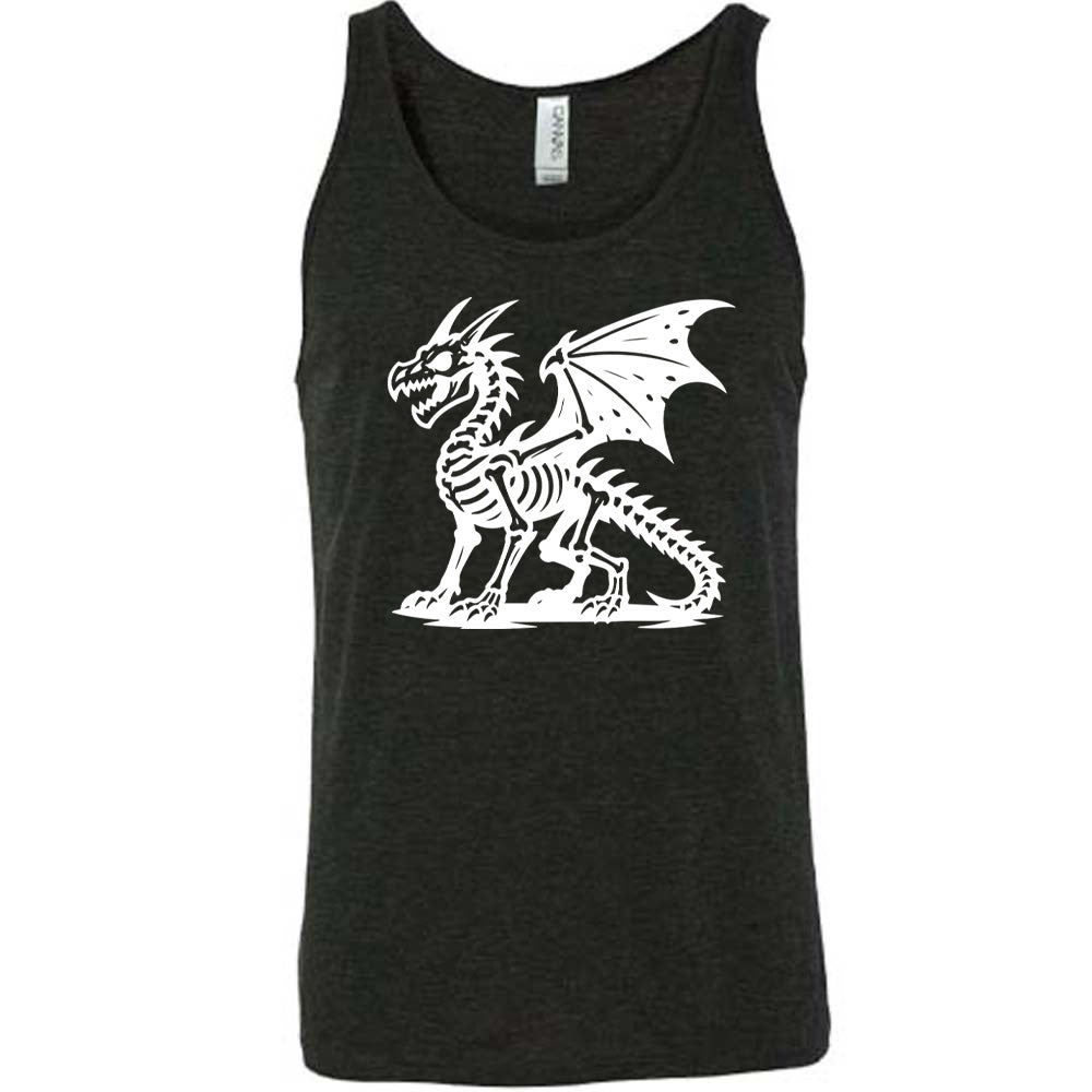 black unisex tank with the large graphic of a dragon, and its body is its skeleton