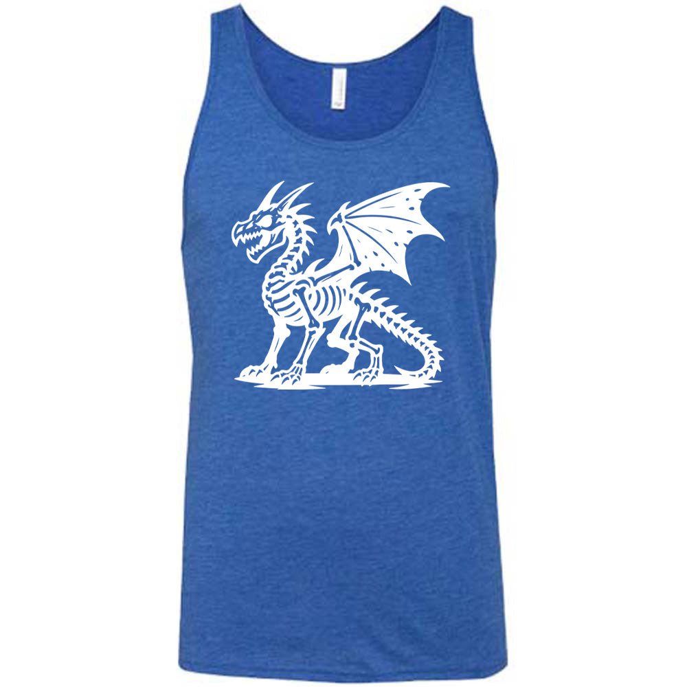 blue unisex tank with the large graphic of a dragon, and its body is its skeleton