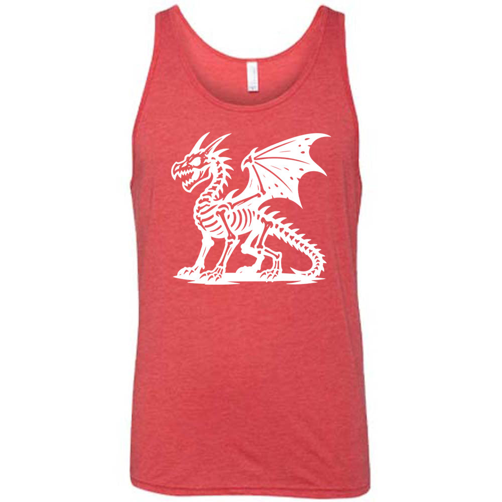 red unisex tank with the large graphic of a dragon, and its body is its skeleton