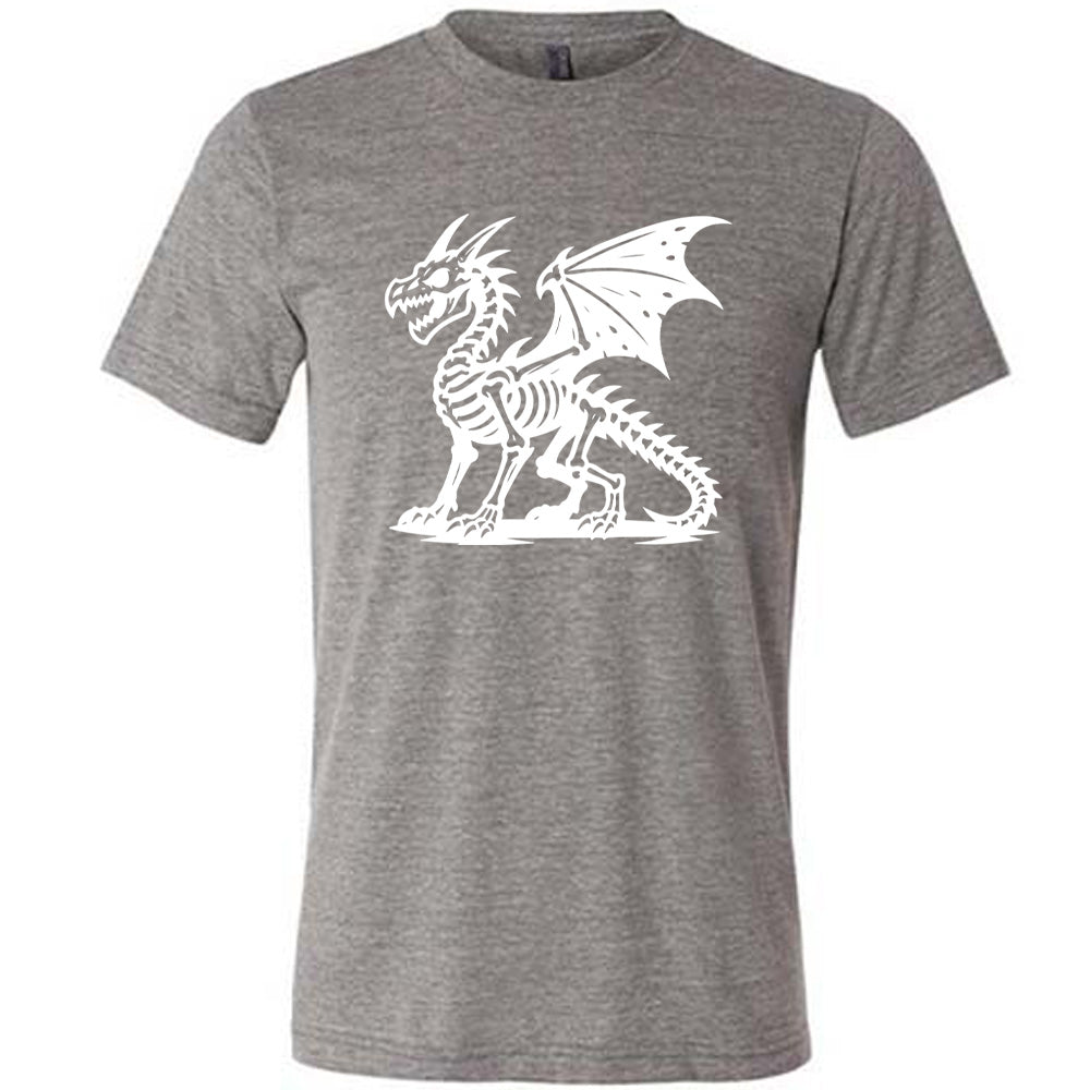 grey unisex tee with the large graphic of a dragon, and its body is its skeleton