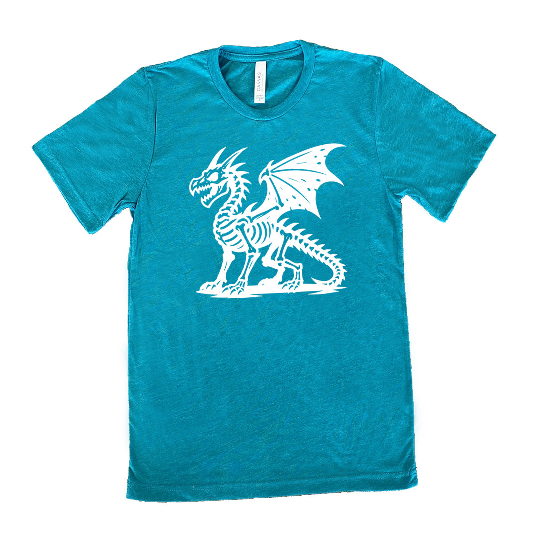 teal unisex tee with the large graphic of a dragon, and its body is its skeleton