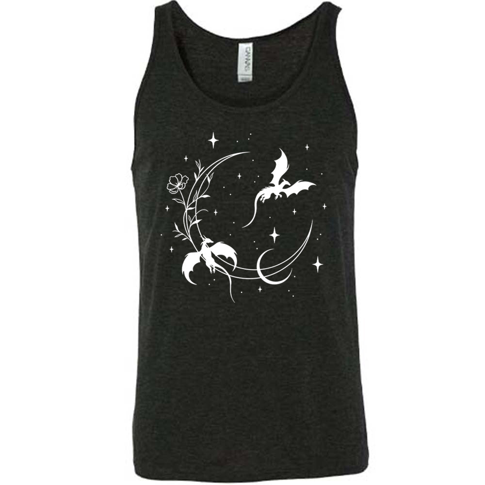 black unisex tank with the graphic of a large crescent moon, with a flower lining it, two dragons flying, another smaller moon,  and many small stars