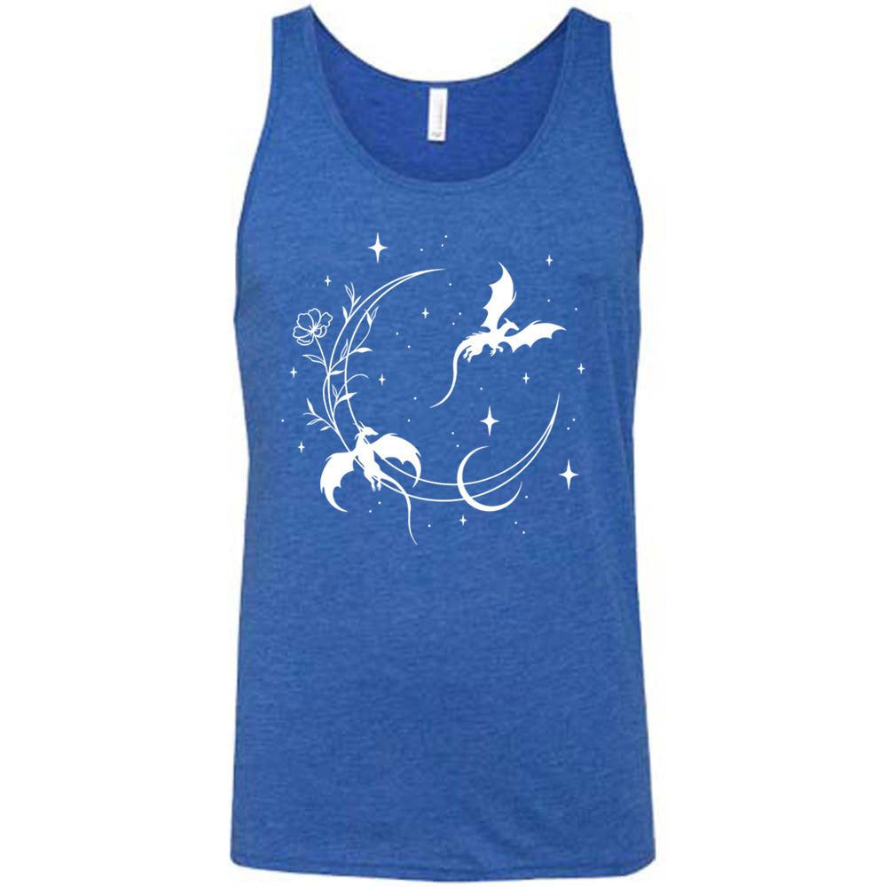 blue unisex tank with the graphic of a large crescent moon, with a flower lining it, two dragons flying, another smaller moon,  and many small stars