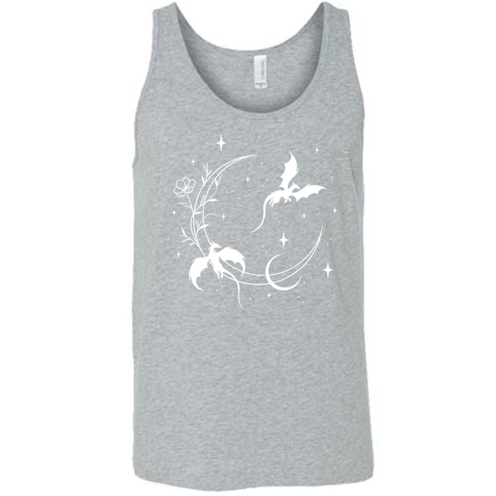 grey unisex tank with the graphic of a large crescent moon, with a flower lining it, two dragons flying, another smaller moon,  and many small stars