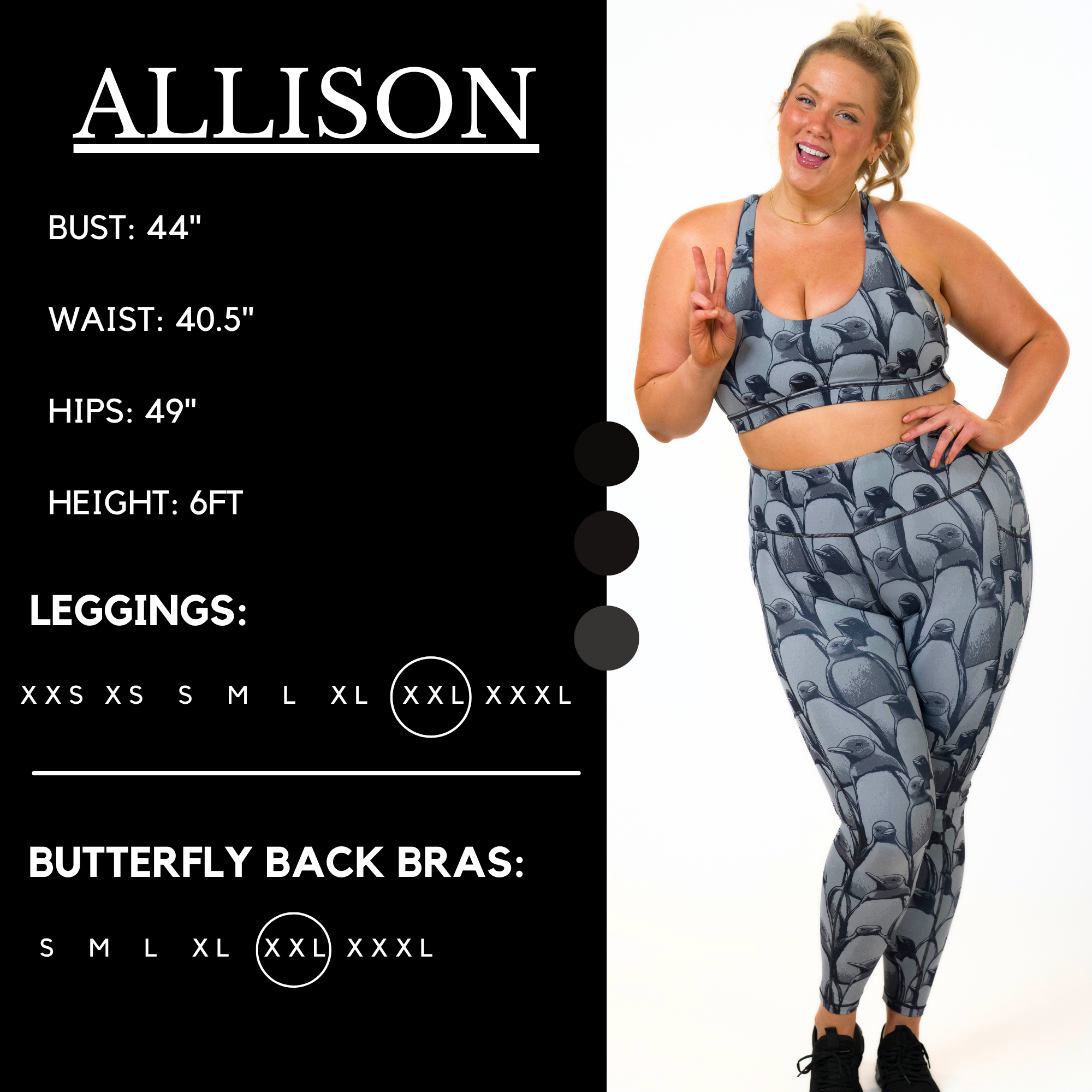 Model's measurements of 44 inch bust, 40.5 inch waist, 49 inch hips, and height of 6 foot. She is wearing a size xx-large in our leggings