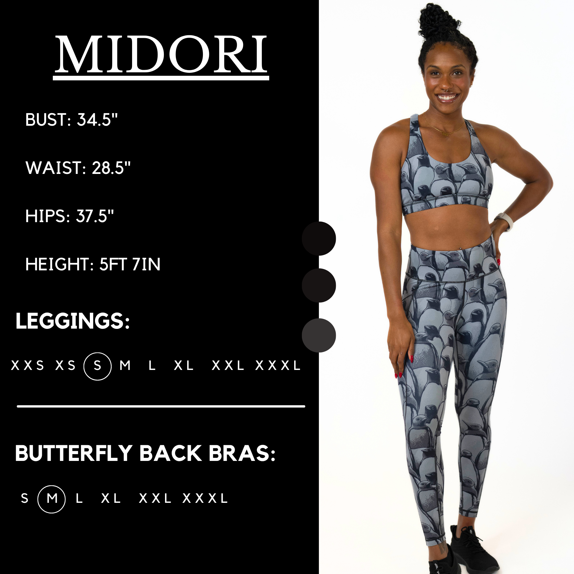 Model’s measurements of 34.5” bust, 28.5” waist, 37.5” hips and height of 5 ft 7 inches. She is wearing a size small in our leggings