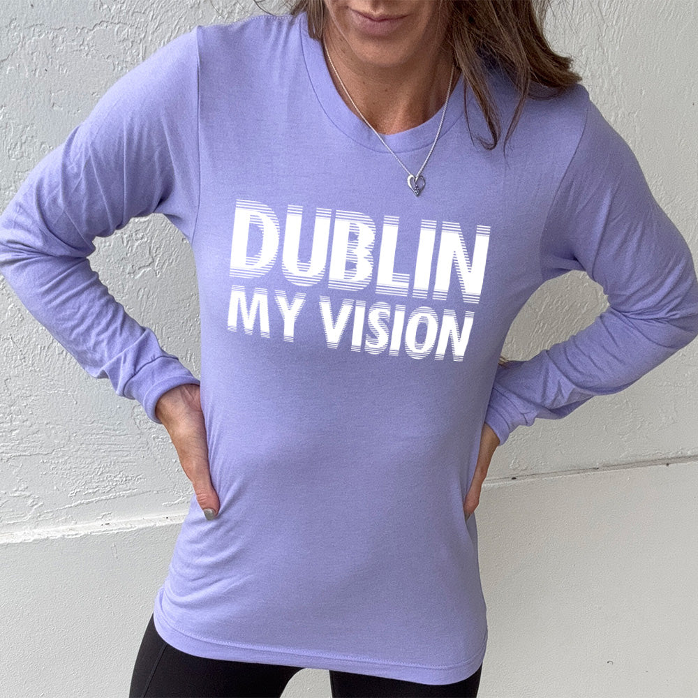 heather dark lavender long sleeve with the words "dublin my vision" on it, displayed in a way to cause the optical illusion of blurred, doubled vision
