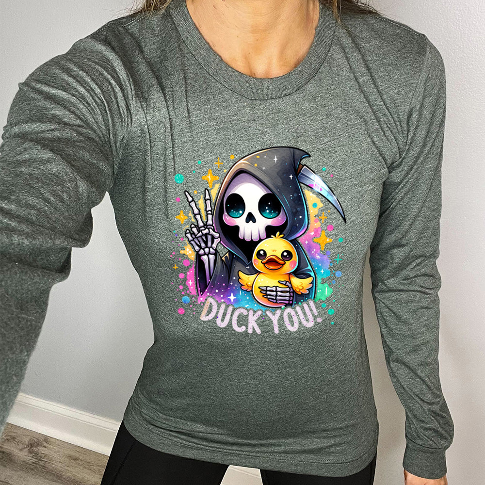 heather forest long sleeve tee with the text "Duck You!" on it, with the graphic of a cartoon grim reaper, giving the peace sign, and holding a duckling