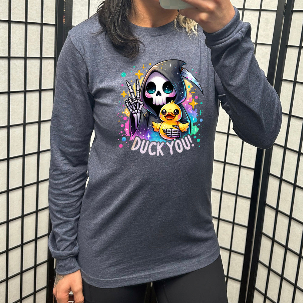 heather navy long sleeve tee with the text "Duck You!" on it, with the graphic of a cartoon grim reaper, giving the peace sign, and holding a duckling