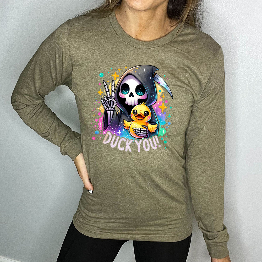 heather olive long sleeve tee with the text "Duck You!" on it, with the graphic of a cartoon grim reaper, giving the peace sign, and holding a duckling