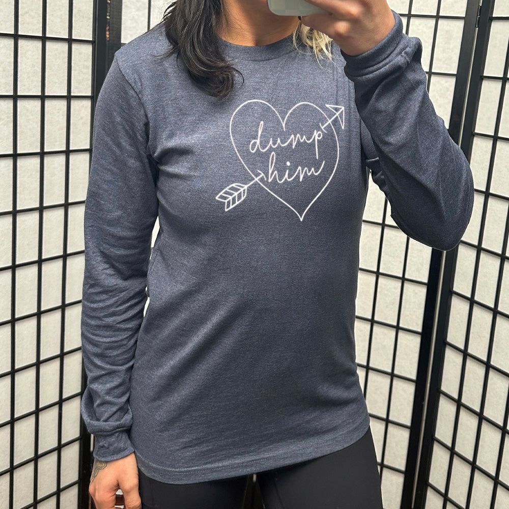 heather navy long sleeve with the words "dump him" within a heart that has a cupid's arrow through it