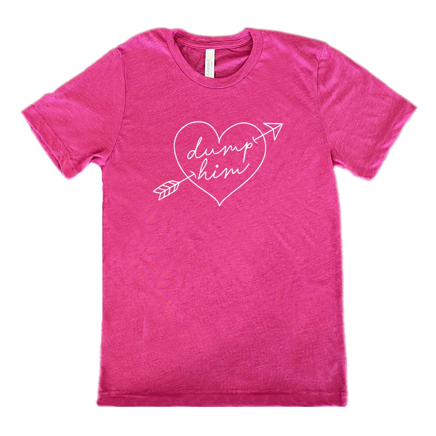 berry unisex tee with the words "dump him" inside of a heat with a cupid's bow through it