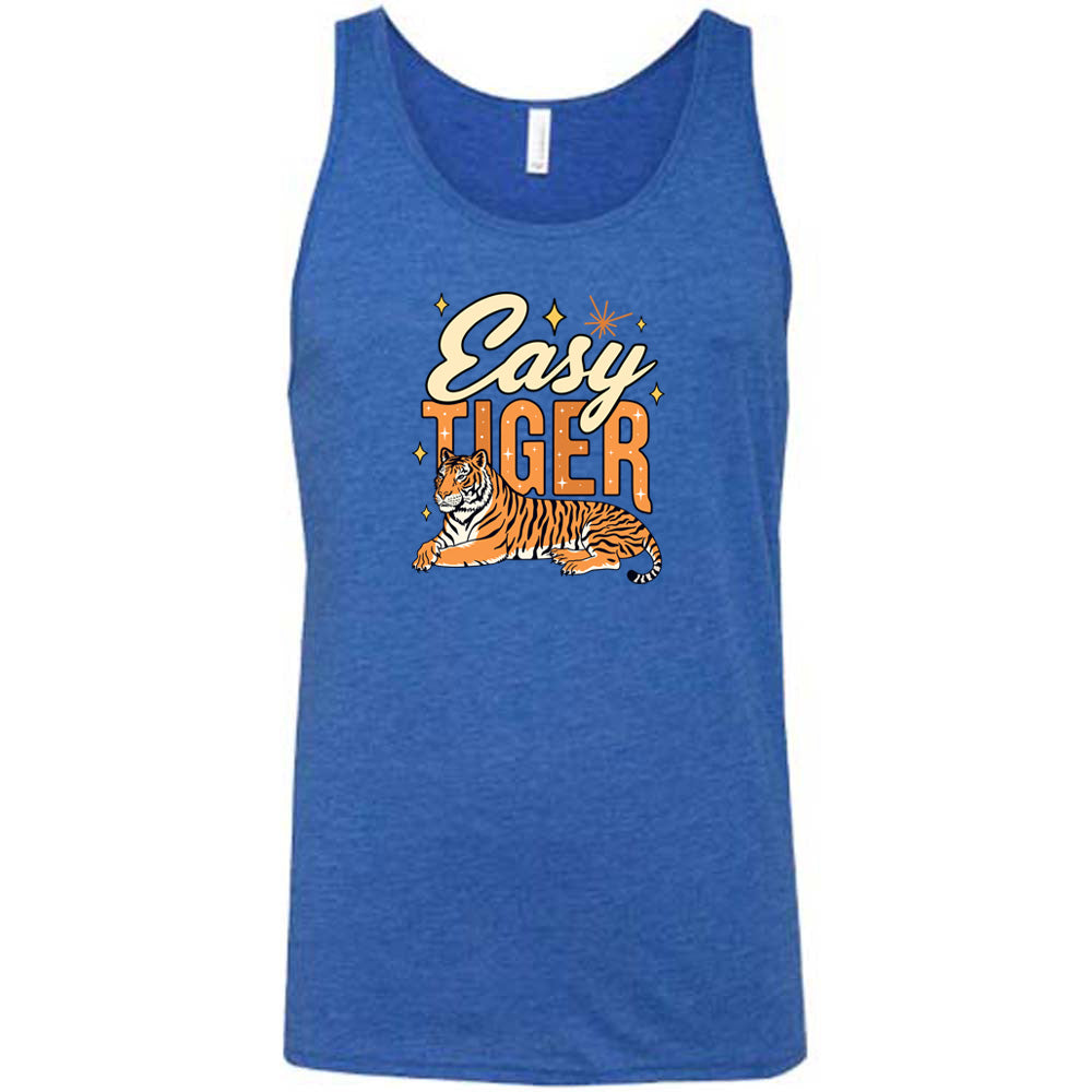 Blue colored tank with a tiger graphic on it that says "Easy Tiger" 