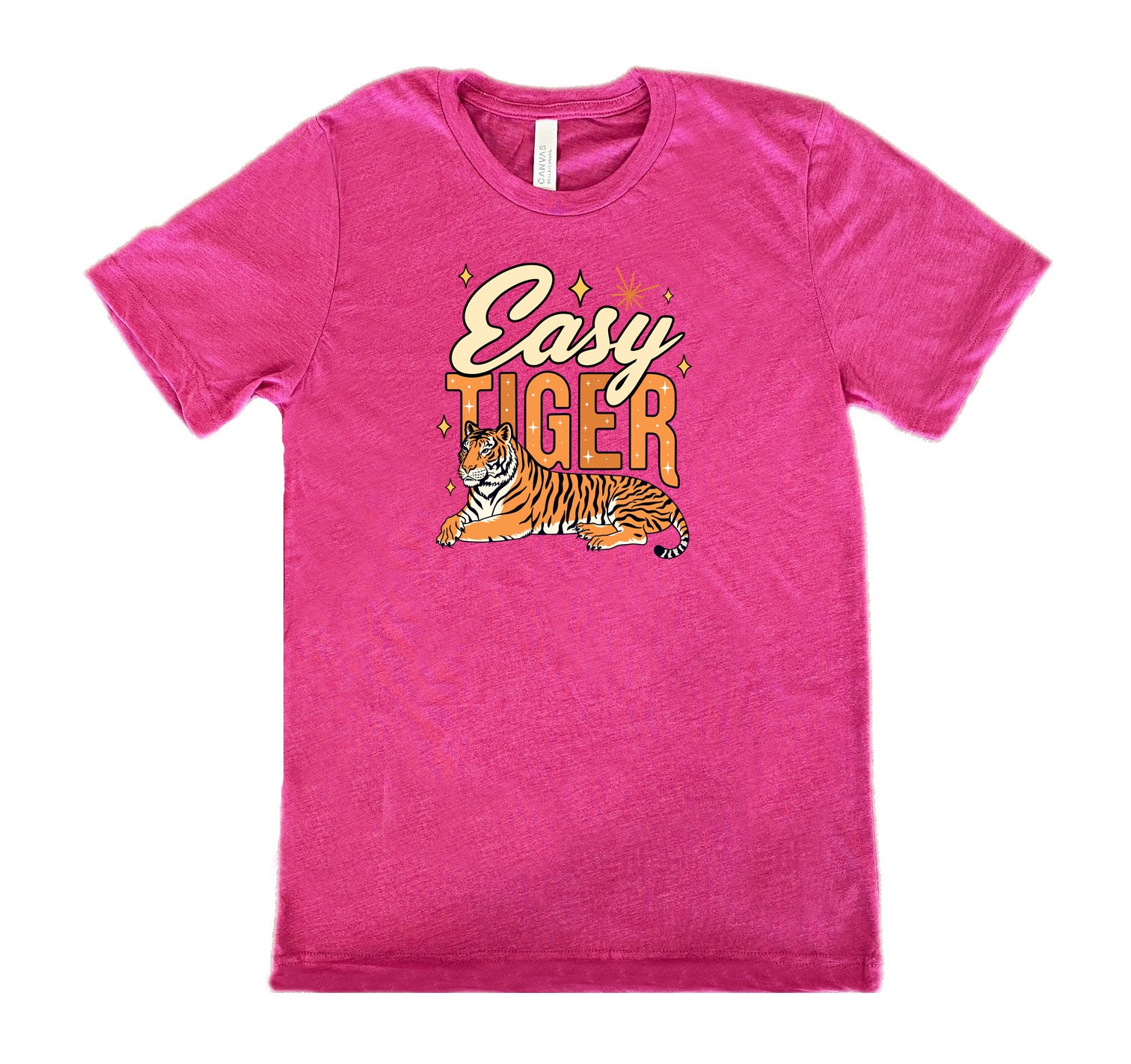 Berry colored shirt with a tiger graphic on it that says "Easy Tiger" 