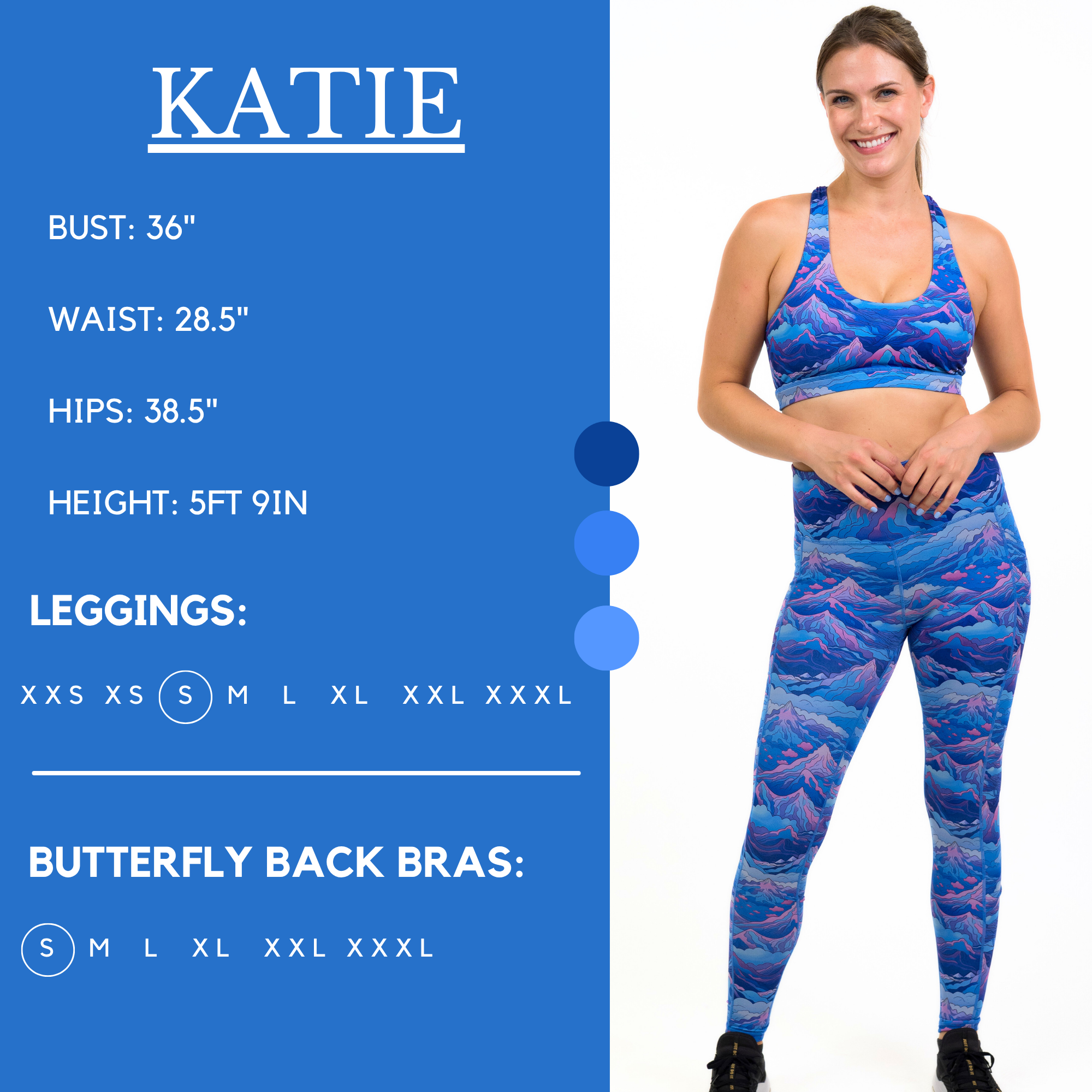 Model’s measurements of 36” bust, 28.5” waist, 38.5” hips and height of 5 ft 9 inches. She is wearing a size small in our leggings