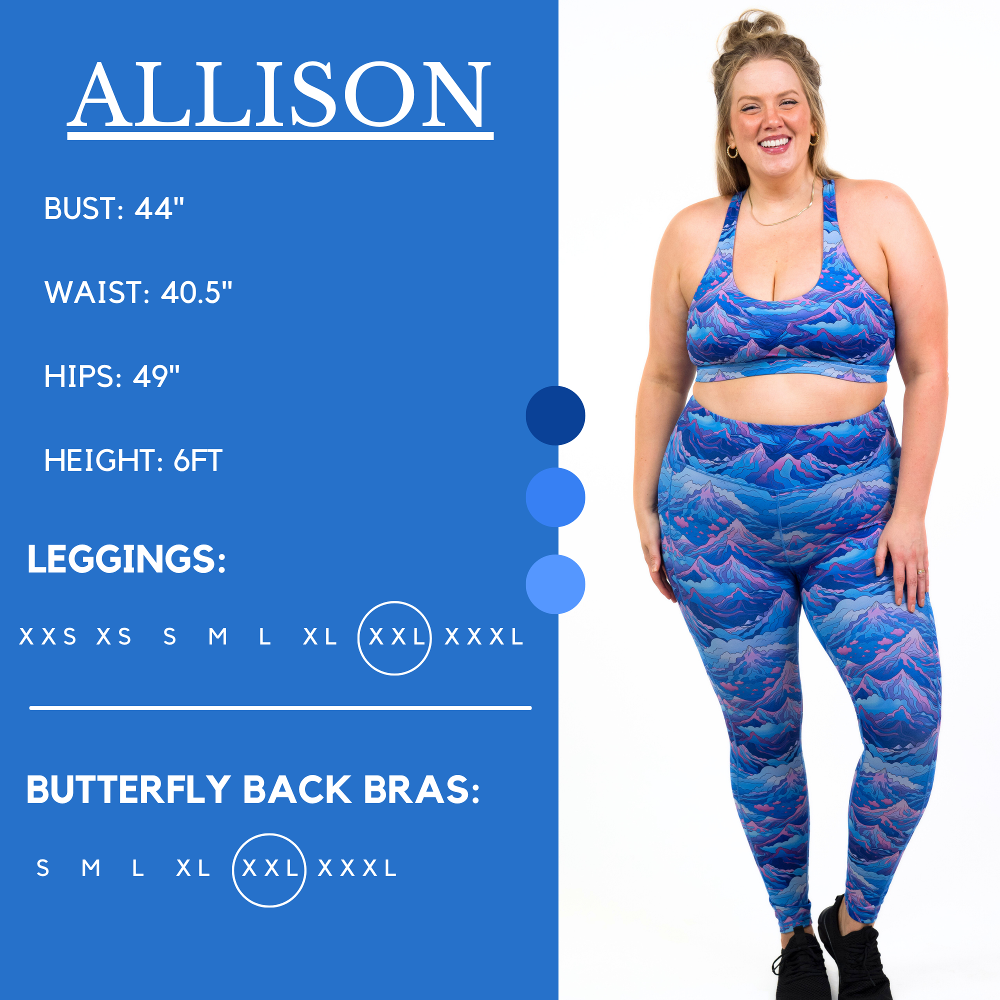 Model's measurements of 44 inch bust, 40.5 inch waist, 49 inch hips, and height of 6 foot. She is wearing a size xx-large in our leggings