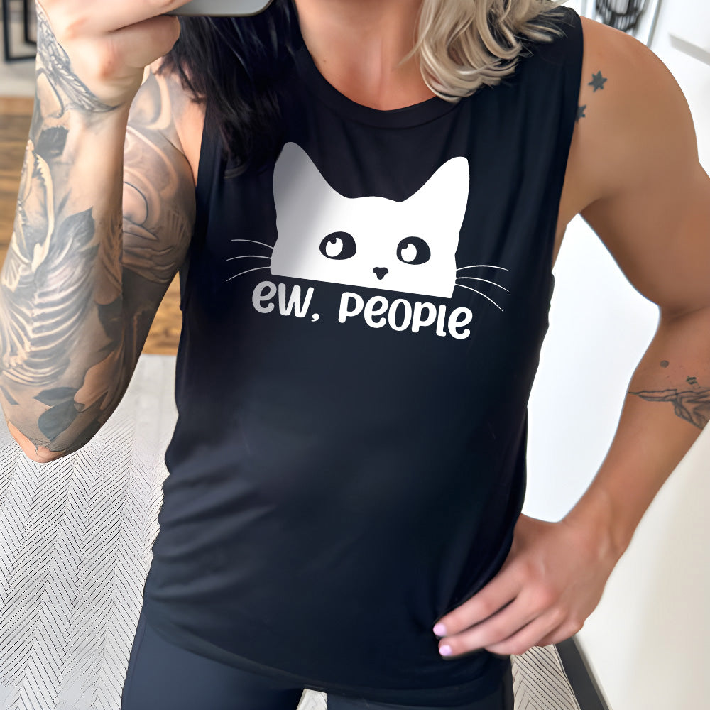Model wearing black colored muscle tank with cat rolling eyes graphic on it that says "ew, people"