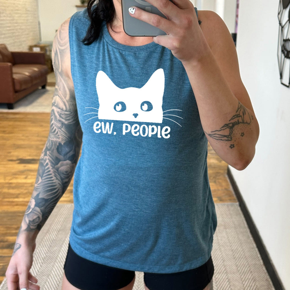 deep teal muscle tank with cat rolling eyes graphic on it that says "ew, people"