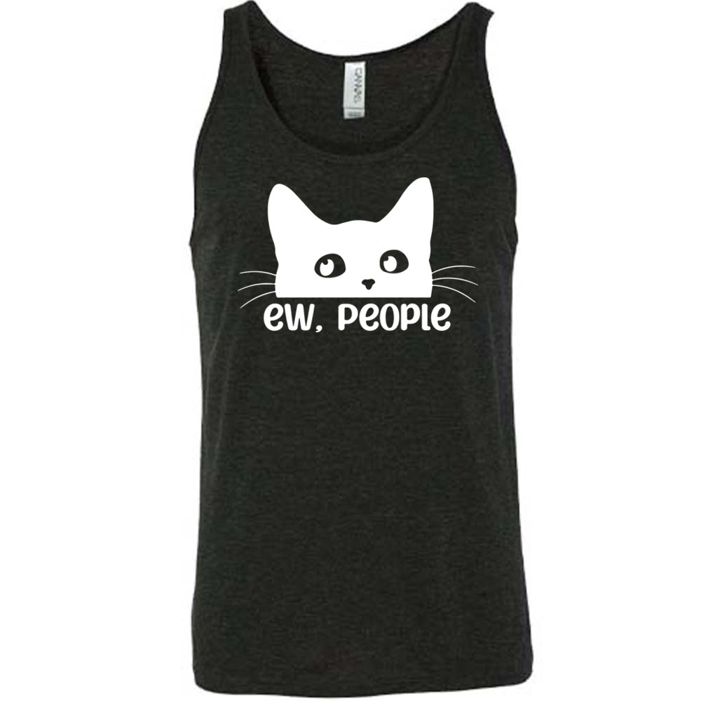 Black colored tank with cat rolling eyes graphic on it that says "ew, people"